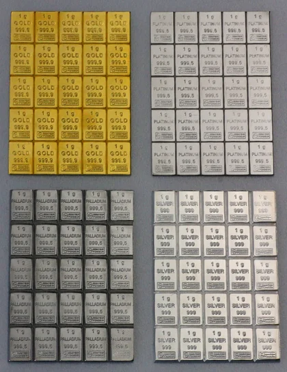 100g CombiBar Verbund mit je 25 Stück Gold, Silber, Platin und Palladium 1g Barren
