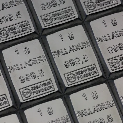 50g Pd CombiBar bestehend aus 50 x 1g Palladiumbarren im Palladiumtafel Verbund
